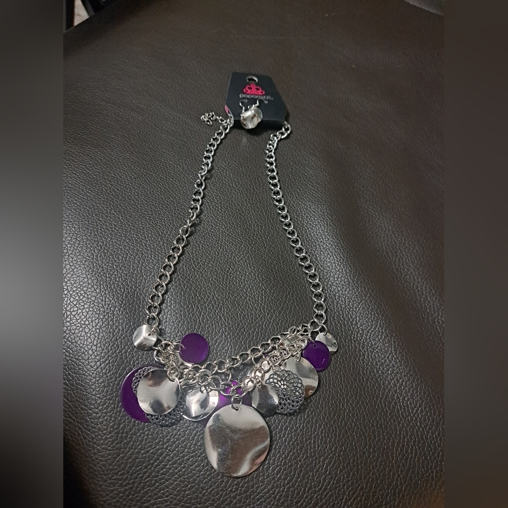 Silver necklace with purple accent pieces